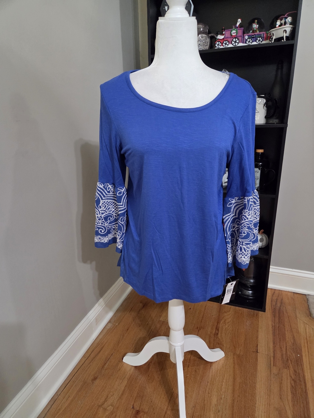 I.N. Studio Royal Blue Bell Sleeve Top with White Lace Pattern